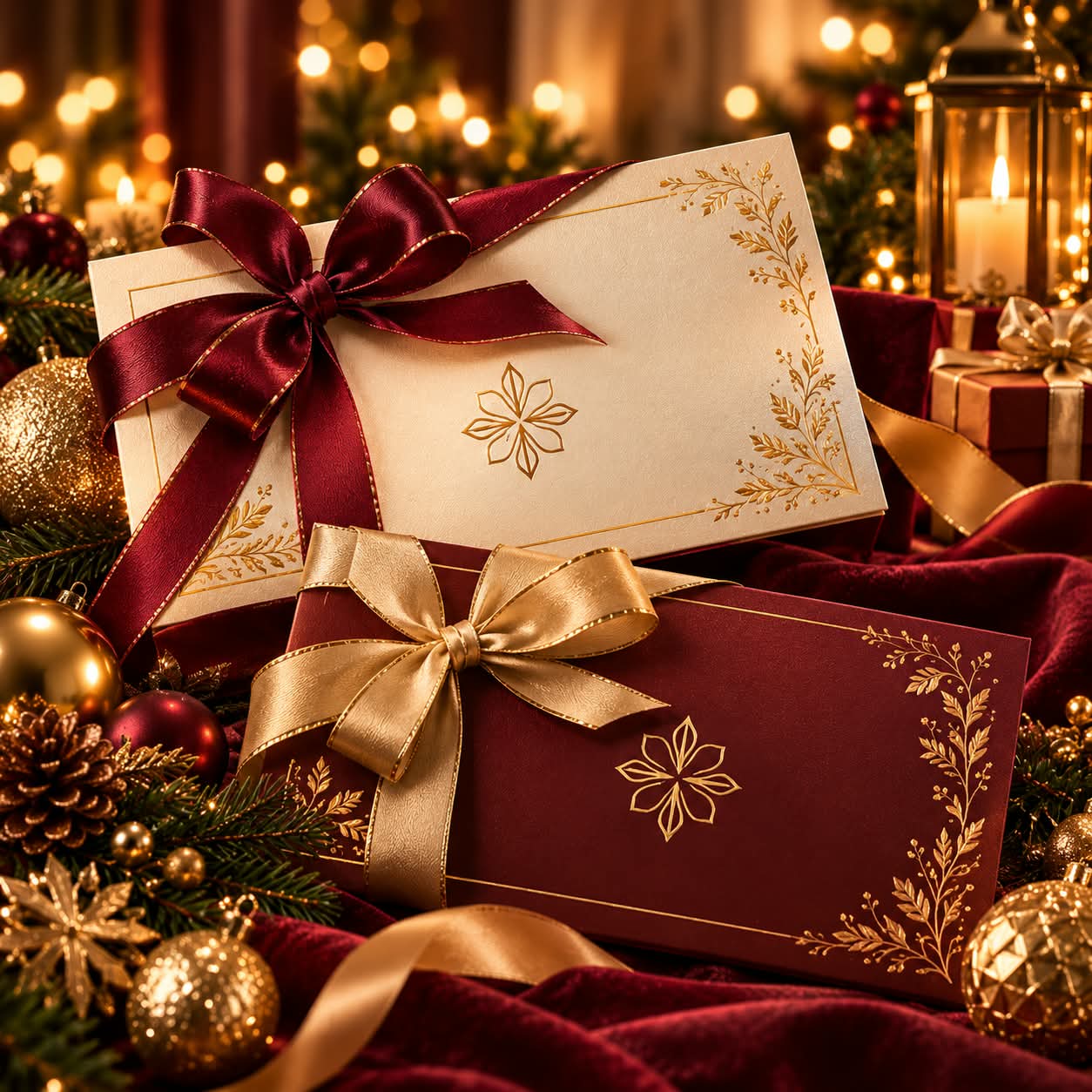 Arany díszítésű, bordó és arany szalaggal átkötött ajándékkártyák, karácsonyi fények és fenyőágak között